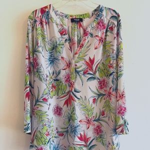 NYDJ / Curves 360 Blouse - Pink, Green Blue floral pattern on white - Size M